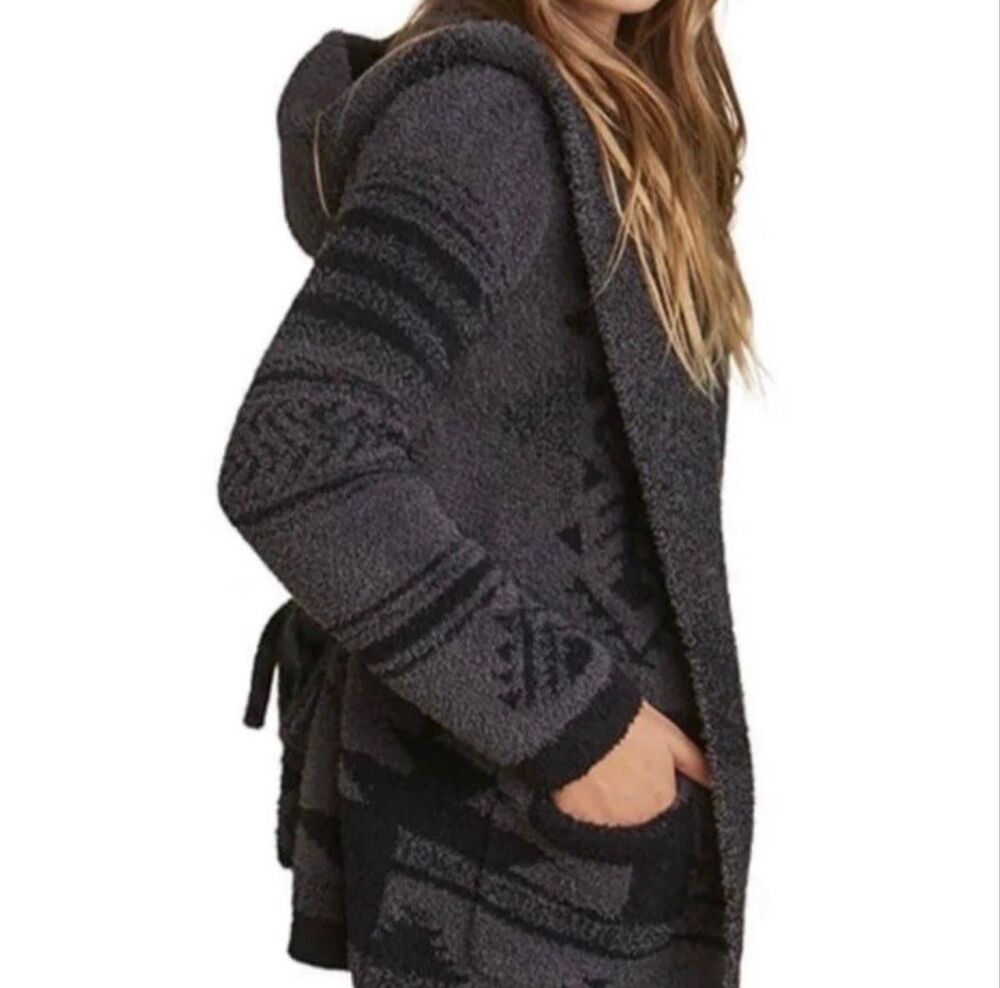 Barefoot Dreams Women's Patchwork Belted Hooded Cardigan Carbon Black 2X NWT - Picture 3 of 11
